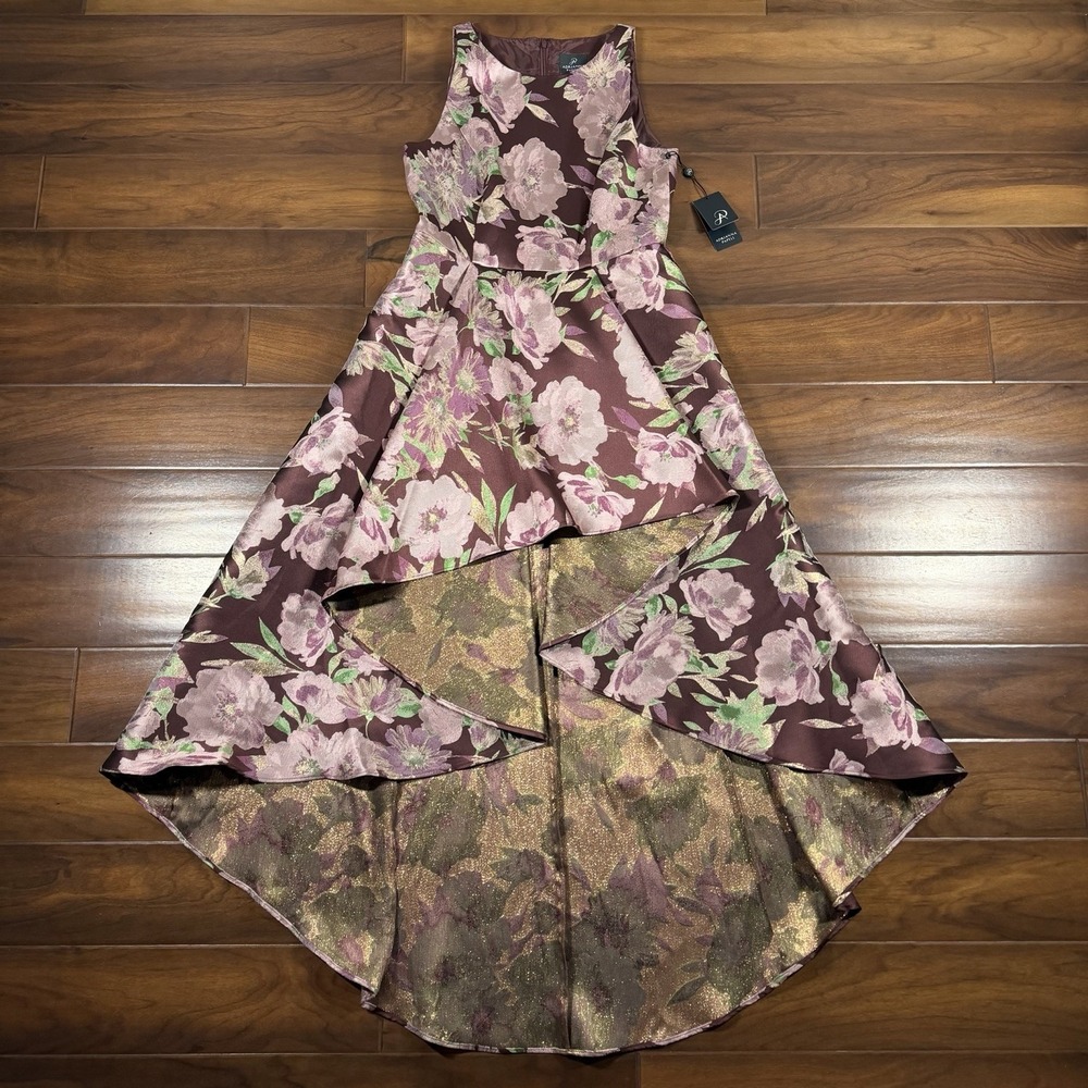 Adrianna Papell Women's Size 10 Burgundy Floral Halter High Low Gown Dress